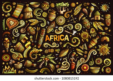 Colorful vector hand drawn doodle cartoon set of Africa objects and symbols