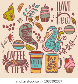 Colorful vector hand drawn Doodle cartoon set of objects and symbols on the tea and coffee time themes