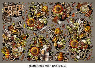 Colorful vector hand drawn doodle cartoon set of tea and coffee theme items, objects and symbols. All objects separate.