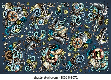 Colorful vector hand drawn Doodle cartoon set of marine, nautical objects and symbols. All objects separate.