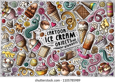 Colorful vector hand drawn doodle cartoon set of Ice Cream theme items, objects and symbols