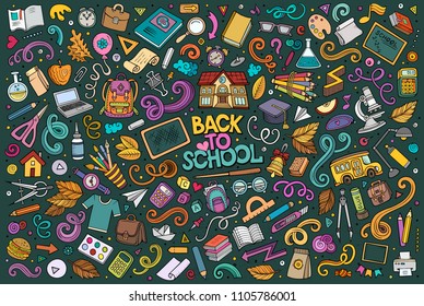 Colorful vector hand drawn doodle cartoon set of School objects and symbols