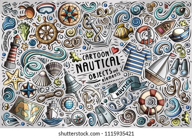 Colorful vector hand drawn doodle cartoon set of Nautical theme items, objects and symbols