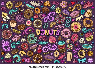 Colorful vector hand drawn doodle cartoon set of Donuts objects and symbols