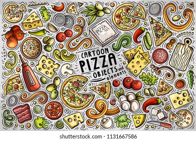 Colorful vector hand drawn doodle cartoon set of Pizza theme items, objects and symbols