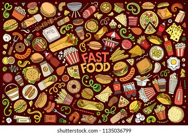 Colorful vector hand drawn doodle cartoon set of fastfood objects and symbols