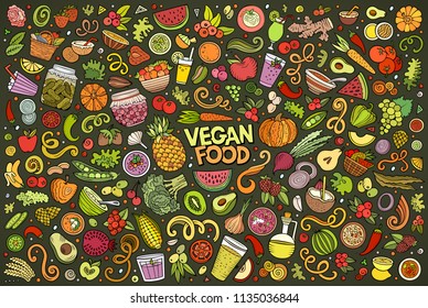 Coloridas caricaturas de doodle dibujadas a mano de objetos y símbolos de comida vegana