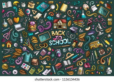 Colorful vector hand drawn doodle cartoon set of School objects and symbols