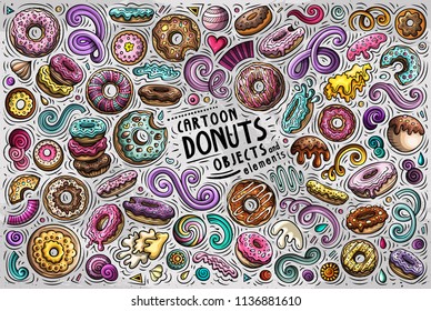 Colorful vector hand drawn doodle cartoon set of Donuts theme items, objects and symbols