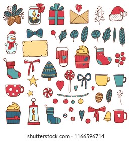 Colorful vector hand drawn doodle cartoon set of New Year and Christmas objects and symbols. Xmas coming. For your print design.