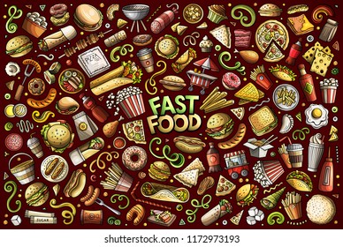 Colorful vector hand drawn doodle cartoon set of fastfood objects and symbols