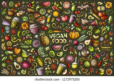 Colorful vector hand drawn doodle cartoon set of Vegan food objects and symbols