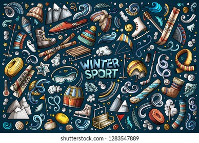 Colorful vector hand drawn doodle cartoon set of Winter sports objects and symbols