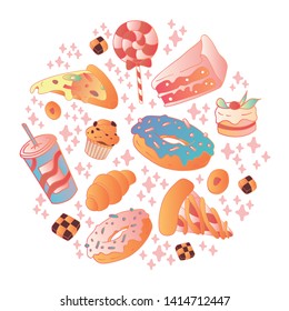 Colorful vector hand drawn Doodle cartoon set of objects on the fast food theme