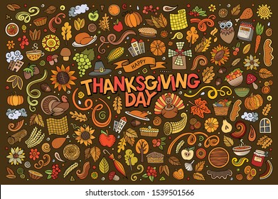 Colorful vector hand drawn doodle cartoon set of Thanksgiving theme items, objects and symbols