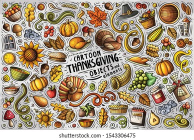 Colorful vector hand drawn doodle cartoon set of Thanksgiving theme items, objects and symbols