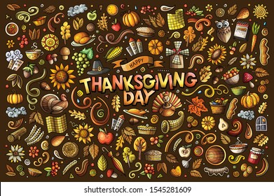 Colorful vector hand drawn doodle cartoon set of Thanksgiving theme items, objects and symbols