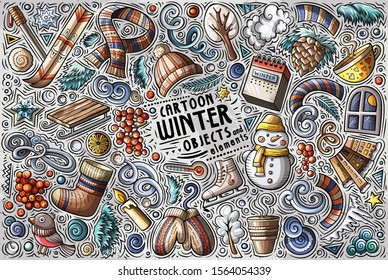 Colorful vector hand drawn doodle cartoon set of Winter theme items, objects and symbols