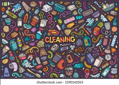 Colorful vector hand drawn doodle cartoon set of Cleaning theme items, objects and symbols