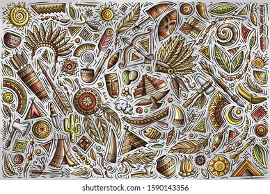Colorful vector hand drawn doodle cartoon set of Native American theme items, objects and symbols