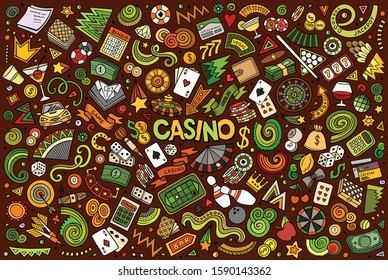 Colorful vector hand drawn doodle cartoon set of Casino theme items, objects and symbols