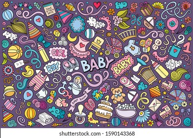 Colorful vector hand drawn doodle cartoon set of Baby theme items, objects and symbols