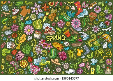 Colorful vector hand drawn doodle cartoon set of Spring theme items, objects and symbols