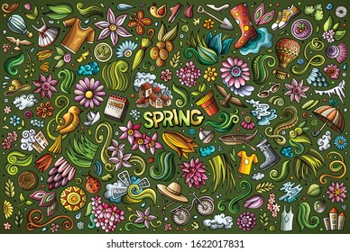 Colorful vector hand drawn doodle cartoon set of Spring theme items, objects and symbols