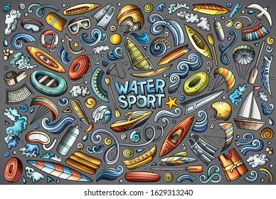 Colorful vector hand drawn doodle cartoon set of Water sport theme items, objects and symbols
