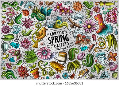 Colorful vector hand drawn doodle cartoon set of Spring theme items, objects and symbols