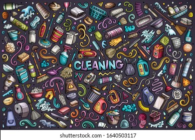 Colorful vector hand drawn doodle cartoon set of Cleaning theme items, objects and symbols