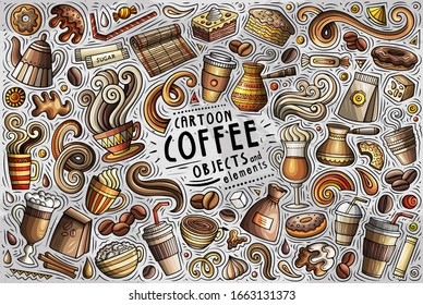 Colorful vector hand drawn doodle cartoon set of Coffee theme items, objects and symbols