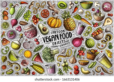 Colorful vector hand drawn doodle cartoon set of Vegan food theme items, objects and symbols