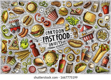 Colorful vector hand drawn doodle cartoon set of Fast Food theme items, objects and symbols