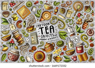 Colorful vector hand drawn doodle cartoon set of Tea theme items, objects and symbols