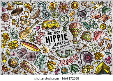 Colorful vector hand drawn doodle cartoon set of Hippie theme items, objects and symbols