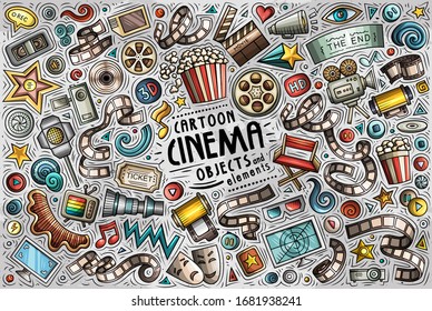 Colorful vector hand drawn doodle cartoon set of Cinema theme items, objects and symbols