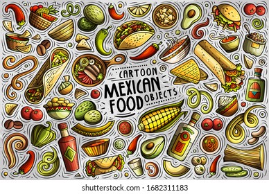 Colorful vector hand drawn doodle cartoon set of Mexican food theme items, objects and symbols