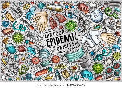 Colorful vector hand drawn doodle cartoon set of Epidemic theme items, objects and symbols