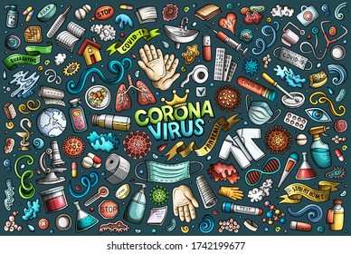 Colorful vector hand drawn doodle cartoon set of Cronavirus theme items, objects and symbols