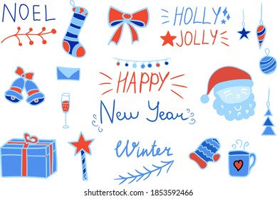 Colorful vector hand drawn doodle cartoon set of winter season objects and symbols. Simple and cute. Happy New Year, Noel, Winter, Holly Jolly