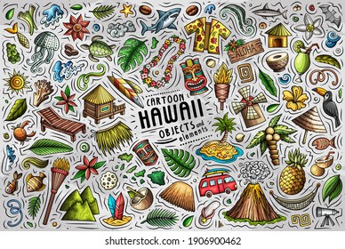 Colorful vector hand drawn doodle cartoon set of Hawaii theme items, objects and symbols