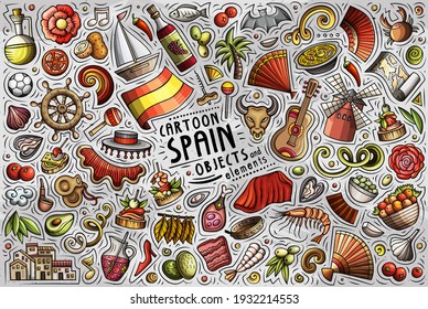 Colorful vector hand drawn doodle cartoon set of Spain theme items, objects and symbols