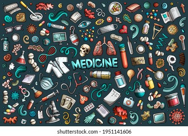 Colorful vector hand drawn doodle cartoon set of medicine theme items, objects and symbols