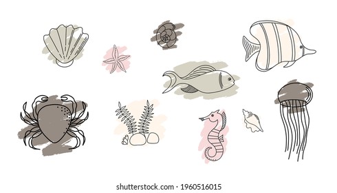 Colorful vector hand drawn doodle cartoon set of marine life theme elements. Vector illustration. Sea animals symbols watercolor stains