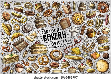 Colorful vector hand drawn doodle cartoon set of bakery theme items, objects and symbols