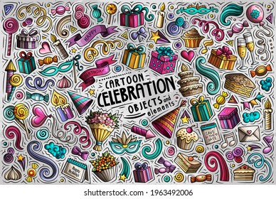 Farbige, handgezeichnete, doodle Cartoon-Reihe von Feiertagsthemen, Objekten und Symbolen