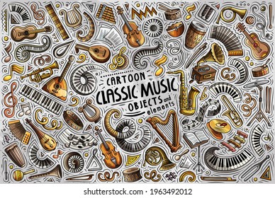 Colorful vector hand drawn doodle cartoon set of Classic Music theme items, objects and symbols