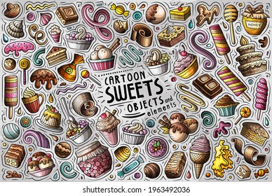 Colorful vector hand drawn doodle cartoon set of Sweets theme items, objects and symbols