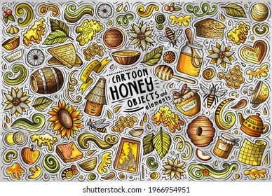 Colorful vector hand drawn doodle cartoon set of Honey theme items, objects and symbols